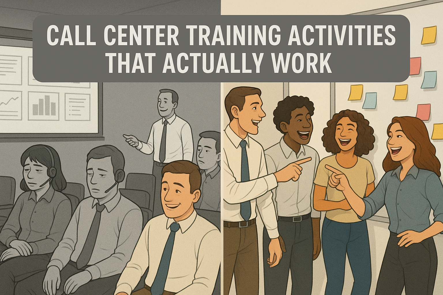 "Split illustration showing dull call center training with disengaged agents on the left and energetic, collaborative agents using sticky notes on the right.