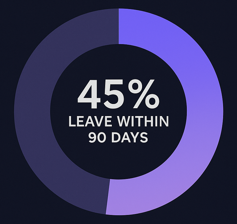 A donut chart on a dark navy blue background visualizes early call center attrition. The chart highlights that 45% of agents leave within the first 90 days, using a prominent purple arc.