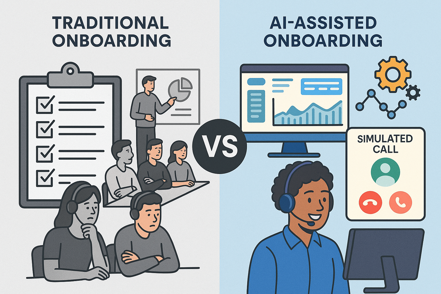 Side-by-side comparison of traditional and AI-assisted call center onboarding. Left: bored agents in a classroom with checklists and a whiteboard. Right: smiling agent using a headset in front of a dashboard with simulated call and automation icons.
